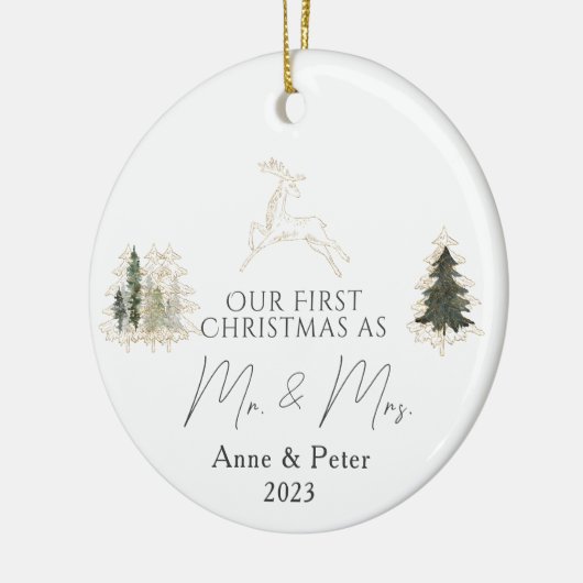 Gouden Elegante Waterverf Eerste Kerstmis Getrouwd Keramisch Ornament (Links)