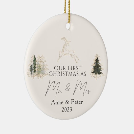 Gouden Elegante Waterverf Eerste Kerstmis Getrouwd Keramisch Ornament (Rechts)