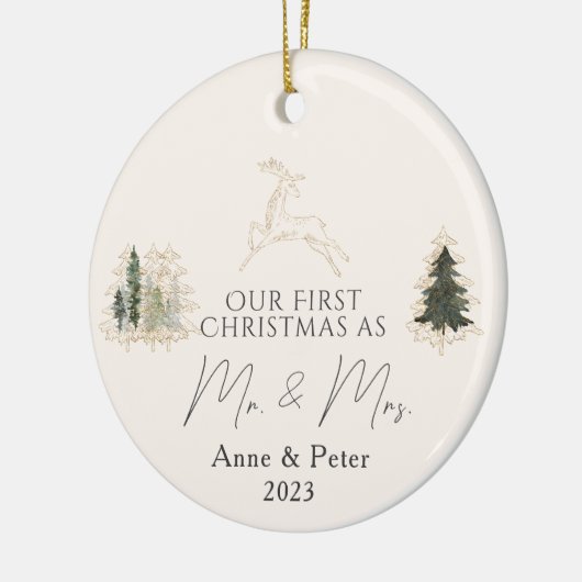 Gouden Elegante Waterverf Eerste Kerstmis Getrouwd Keramisch Ornament (Links)