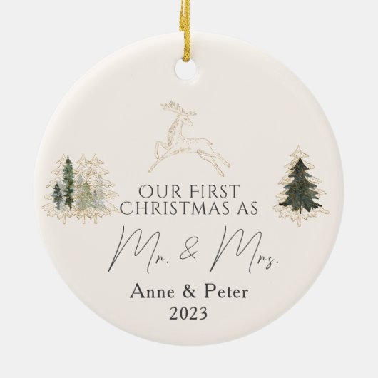 Gouden Elegante Waterverf Eerste Kerstmis Getrouwd Keramisch Ornament (Achterkant)