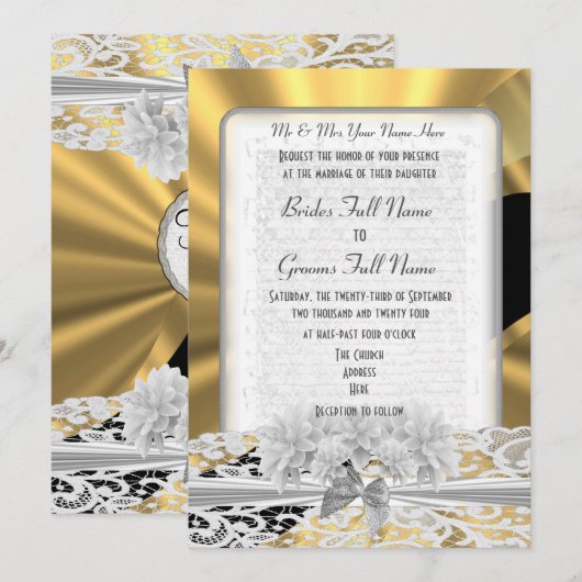 Gouden elegante witte kant monogram bruiloft kaart (Voorkant / Achterkant)