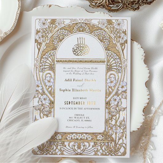 Gouden Elegantie Art Nouveau Moslim Bruiloft Folie Uitnodiging