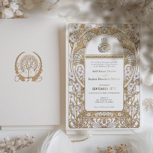 Gouden Elegantie Art Nouveau Moslim Bruiloft Folie Uitnodiging