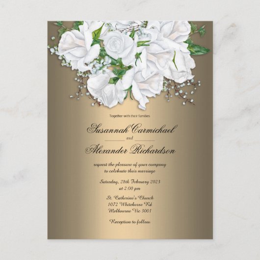 Gouden Elegantie en Witte Bruidsboeket Bruiloft Briefkaart (Voorkant)
