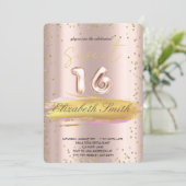 Gouden elegantie, roze gouden sweet sixteen uitnod kaart (Staand voorkant)