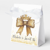 Gouden Elegantie: Sweet 16 Crown & Bow Glitter Bedankdoosjes (Voorkant Zijde)