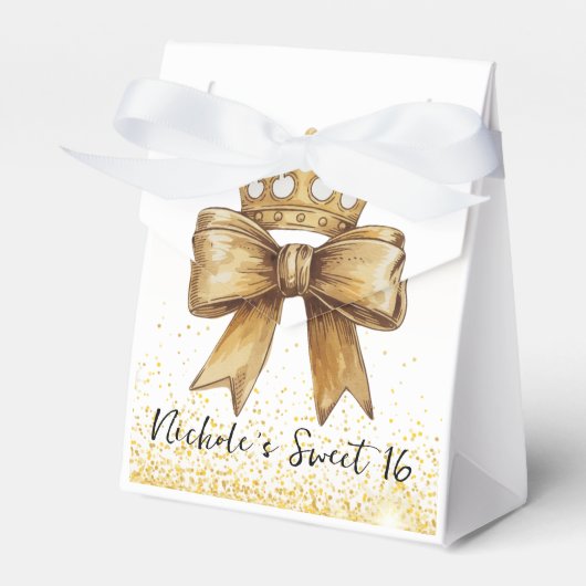 Gouden Elegantie: Sweet 16 Crown & Bow Glitter Bedankdoosjes (Voorkant Zijde)