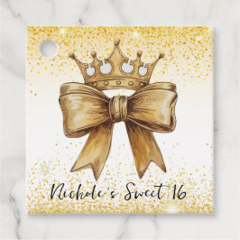 Gouden Elegantie: Sweet 16 Crown & Bow Glitter Bedankjes Labels
