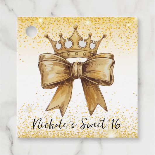 Gouden Elegantie: Sweet 16 Crown & Bow Glitter Bedankjes Labels (Voorkant)