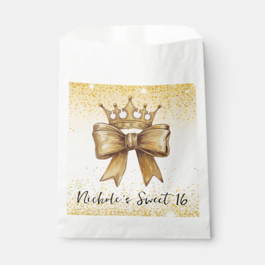 Gouden Elegantie: Sweet 16 Crown & Bow Glitter Bedankzakje (Voorkant)