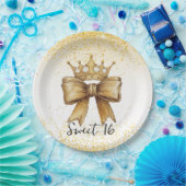 Gouden Elegantie: Sweet 16 Crown & Bow Glitter Papieren Bordje (Feest)