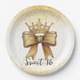 Gouden Elegantie: Sweet 16 Crown & Bow Glitter Papieren Bordje