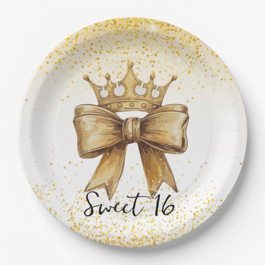 Gouden Elegantie: Sweet 16 Crown & Bow Glitter Papieren Bordje (Voorkant)