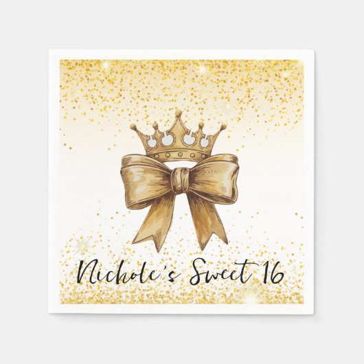 Gouden Elegantie: Sweet 16 Crown & Bow Glitter Servet (Voorkant)