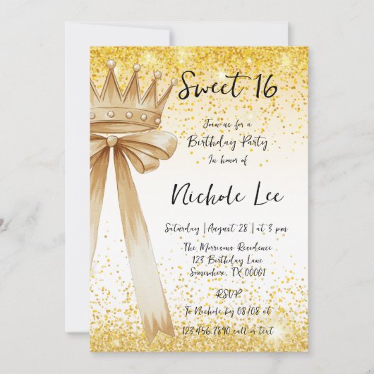 Gouden & Elegantie: Sweet 16 Crown & Bow Kaart (Voorkant)