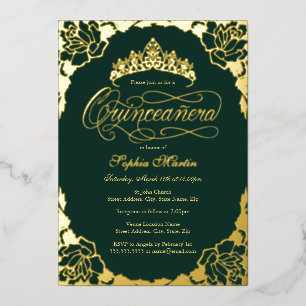 Gouden Emerald Elegante Script Quinceanera Verjaar Folie Uitnodiging