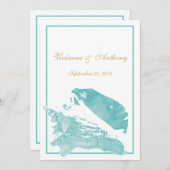 Gouden en Aqua Marine Seashell bruiloft Kaart (Voorkant / Achterkant)
