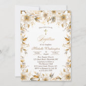 Gouden en Beige Bloem Doop Uitnodiging (Voorkant)