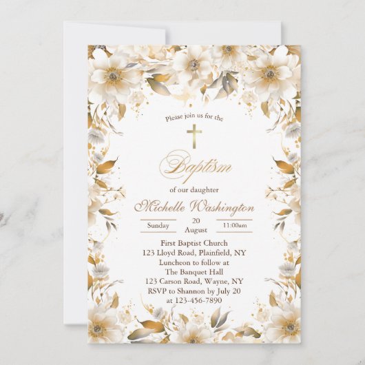 Gouden en Beige Bloem Doop Uitnodiging (Voorkant)