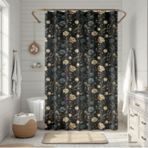 Gouden en blauw bloemenpatroon douchegordijn