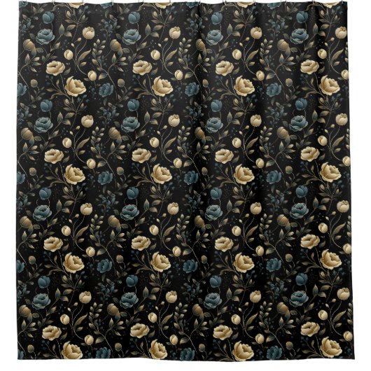 Gouden en blauw  bloemenpatroon douchegordijn (Voorkant)