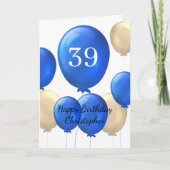 Gouden en Blauwe Ballonnen 39e Verjaardag Kaart (Voorkant)
