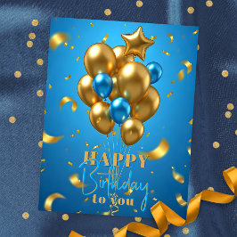 Gouden en Blauwe Ballonnen en Confetti Verjaardag Briefkaart