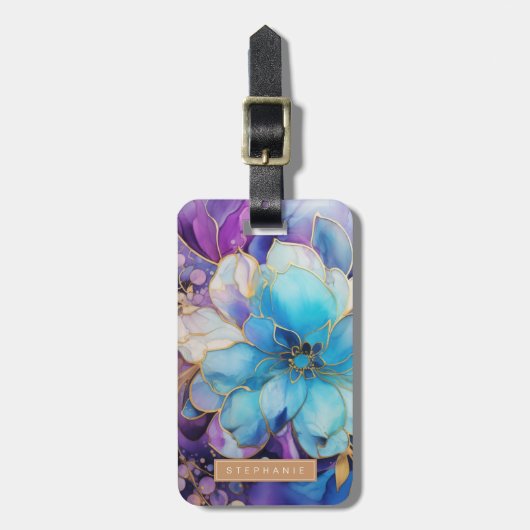 Gouden en Blauwe Bloem Bagage Label (Voorkant verticaal)