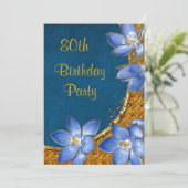 Gouden en blauwe bloemen 80e verjaardag kaart (Staand voorkant)