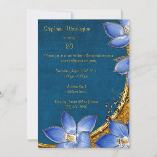 Gouden en blauwe bloemen 80e verjaardag kaart (Achterkant)