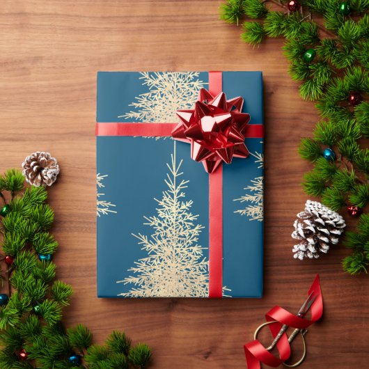 Gouden en blauwe boom elegant winterpatroon cadeaupapier (Feestdagen Geschenken)