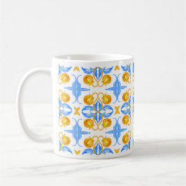 Gouden en Blauwe Botanische Tegelmotief – Aquarel Koffiemok