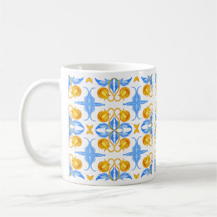 Gouden en Blauwe Botanische Tegelmotief – Aquarel Koffiemok