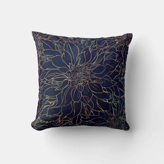 Gouden en blauwe dahlia bloem kussen (Voorkant)