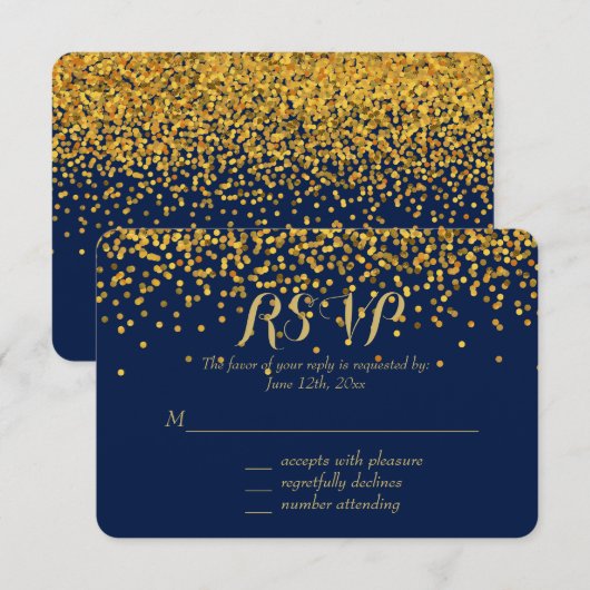 Gouden en Blauwe Glam Confetti Stippen RSVP (Voorkant / Achterkant)