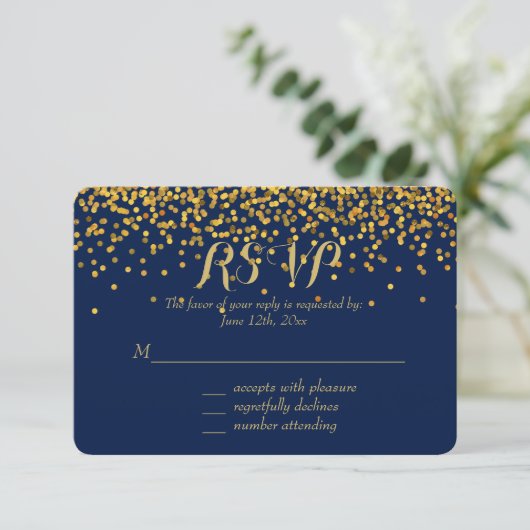 Gouden en Blauwe Glam Confetti Stippen RSVP (Staand voorkant)