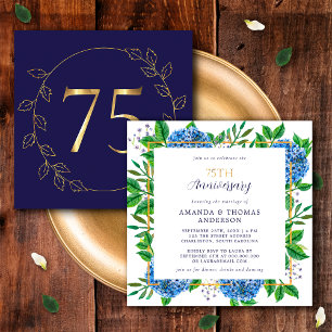 Gouden en Blauwe Hortensia 75e Huwelijksjubileum Kaart