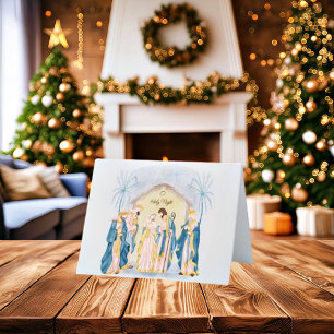 Gouden en blauwe kerststal feestdagen kaart