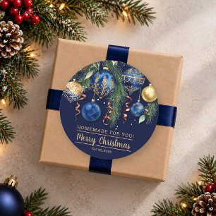 Gouden en blauwe kerstversiering handgemaakt voor ronde sticker
