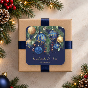 Gouden en blauwe kerstversiering handgemaakt voor vierkante sticker