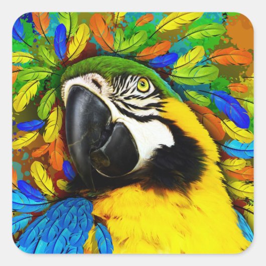 Gouden en Blauwe Macaw Parrot Fantasy Square Stick Vierkante Sticker (Voorkant)