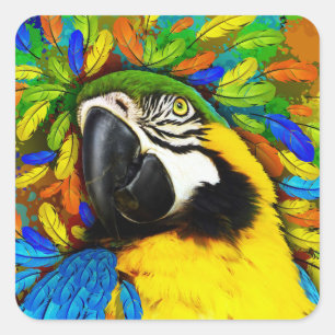Gouden en Blauwe Macaw Parrot Fantasy Square Stick Vierkante Sticker