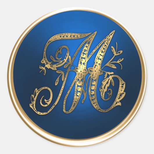 Gouden en Blauwe Monogram M Enveloppe-Zegel Ronde Sticker (Voorkant)