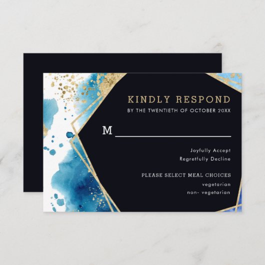 Gouden en Blauwe Oceaan Trouwmaaltijd Optie RSVP-k RSVP Kaartje (Voorkant / Achterkant)