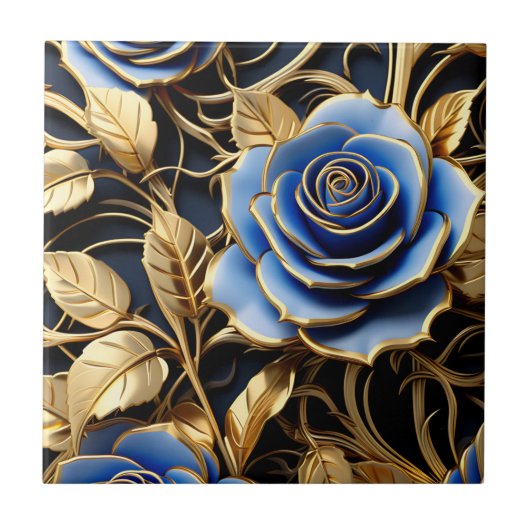 Gouden en blauwe Rozen Art Nouveau Tegeltje (Voorkant)