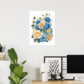Gouden en Blauwe Rozen Romantische Waterverf Poste Poster (Thuiskantoor)