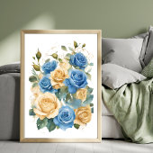 Gouden en Blauwe Rozen Romantische Waterverf Poste Poster