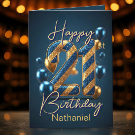 Gouden en blauwe strepen en ballonnen 21e verjaard kaart
