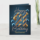 Gouden en blauwe strepen en ballonnen 21e verjaard kaart (Voorkant)