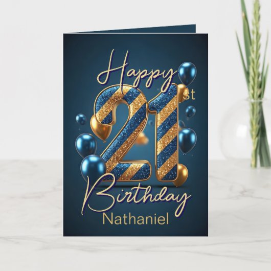 Gouden en blauwe strepen en ballonnen 21e verjaard kaart (Voorkant)